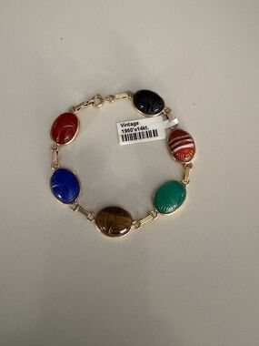 Vintage Multicolor Scarab Link Bracelet - 14kt Gold